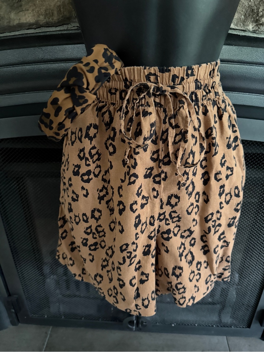 George Leopard Print High-Waist Paperbag Shorts - Tan & Black